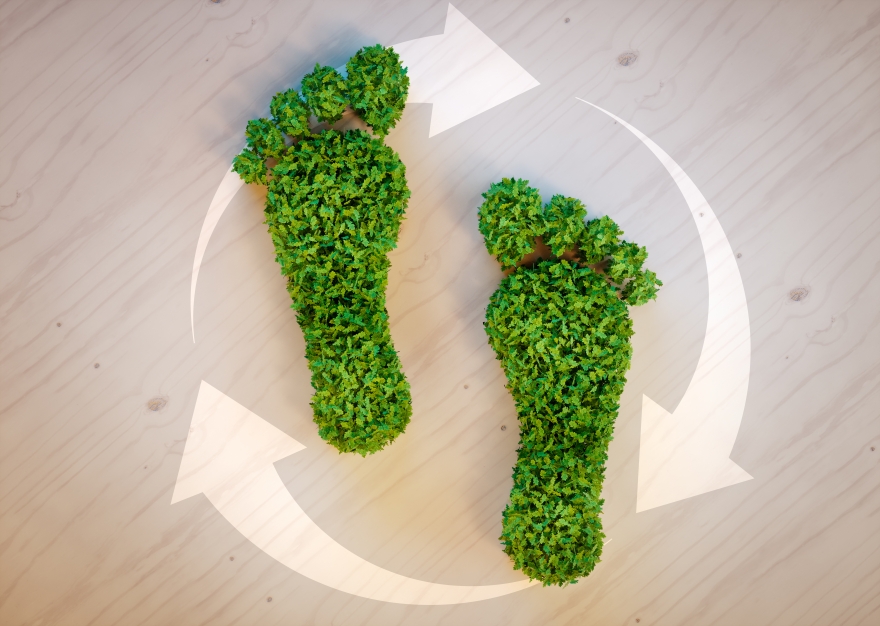 Green footprints made out of leaves with recycle symbol around them concept