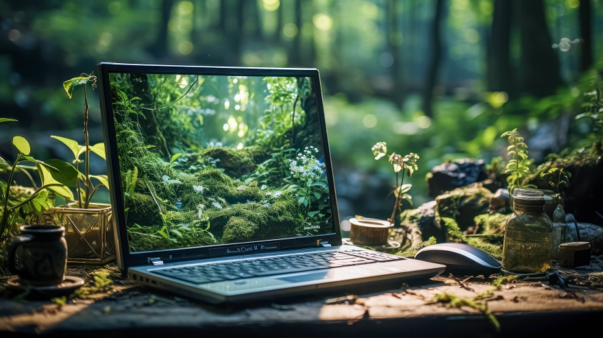 A laptop sit's on an earthy table out in nature, giving a natural serene feeling.