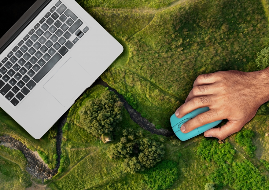 Laptop and mouse on top of green urban grass