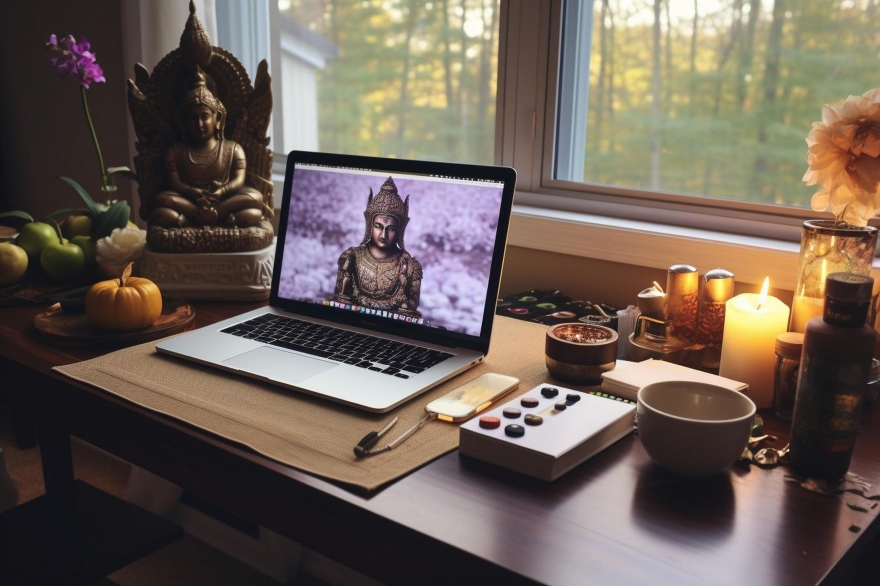 A laptop with a wellness screen sits on a desk adorned with candles and wellness products.