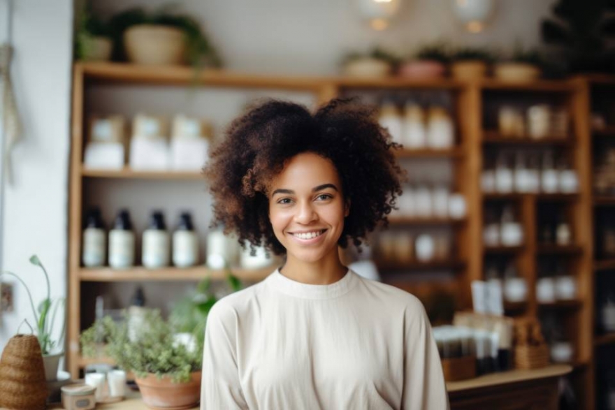 A smiling young entrepreneur stands in front of her wellness shop.