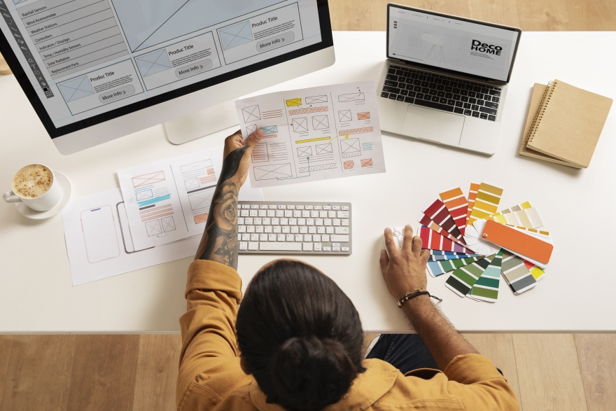 Person at computer with pantone cards, working on graphic design concepts