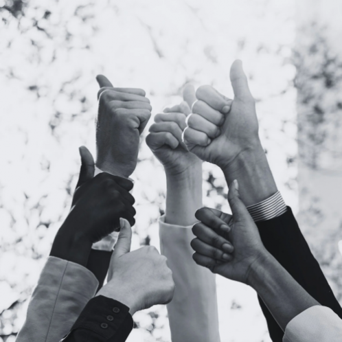 A group of people with their thumbs up high, signaling a passion for excellence.