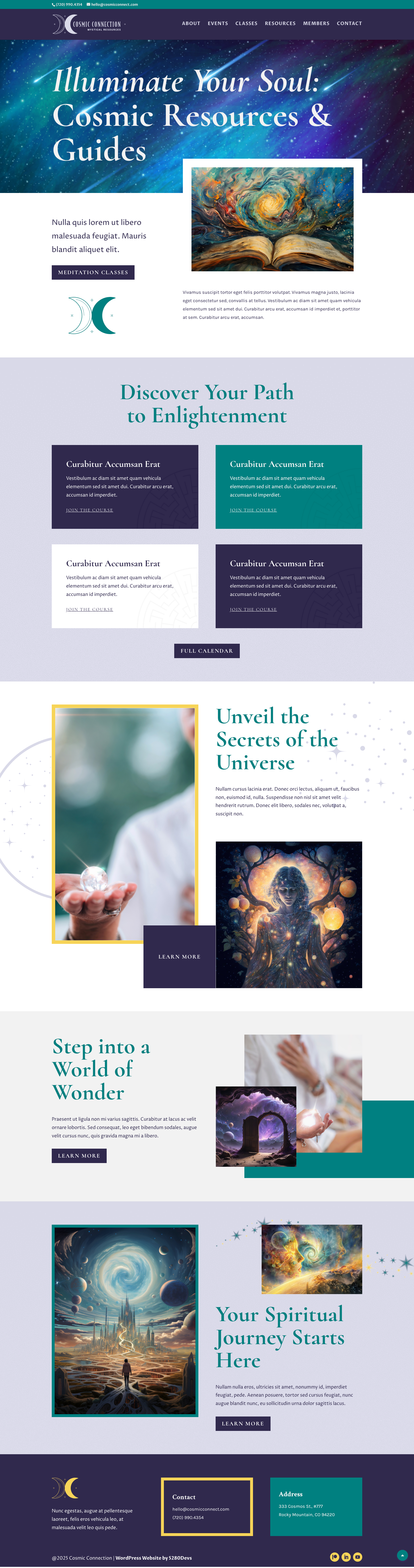 Screenshots of the Cosmic Connection Theme - with teals, dark purples, and yellows and mystical elements.