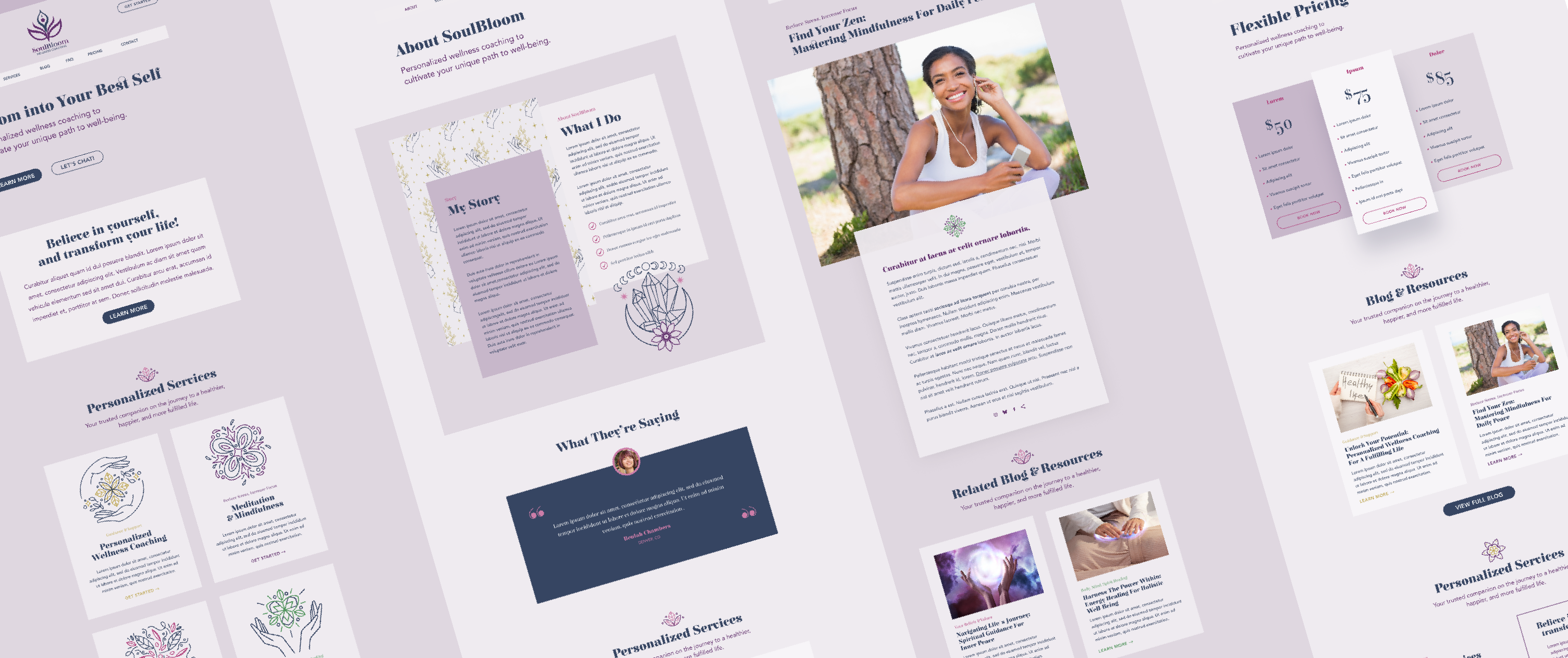 Snapshot of SoulBloom page comps - A Custom WordPress theme by 5280Devs