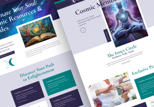 Screenshots of the Cosmic Connection Theme - with teals, dark purples, and yellows and mystical elements.