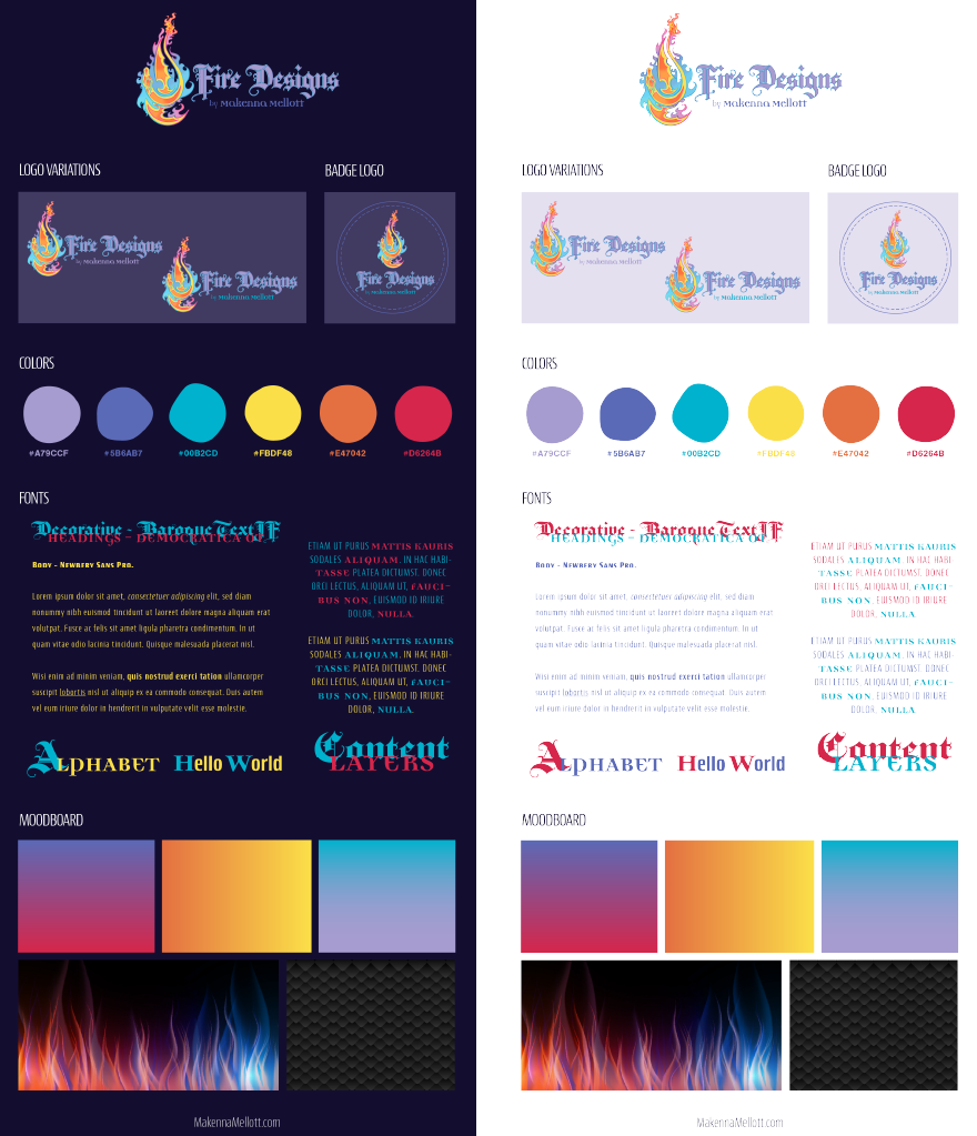 Dark and Light theme Brand Boards for Fire Designs - showing the brands logos, fonts, colors, and mood board.