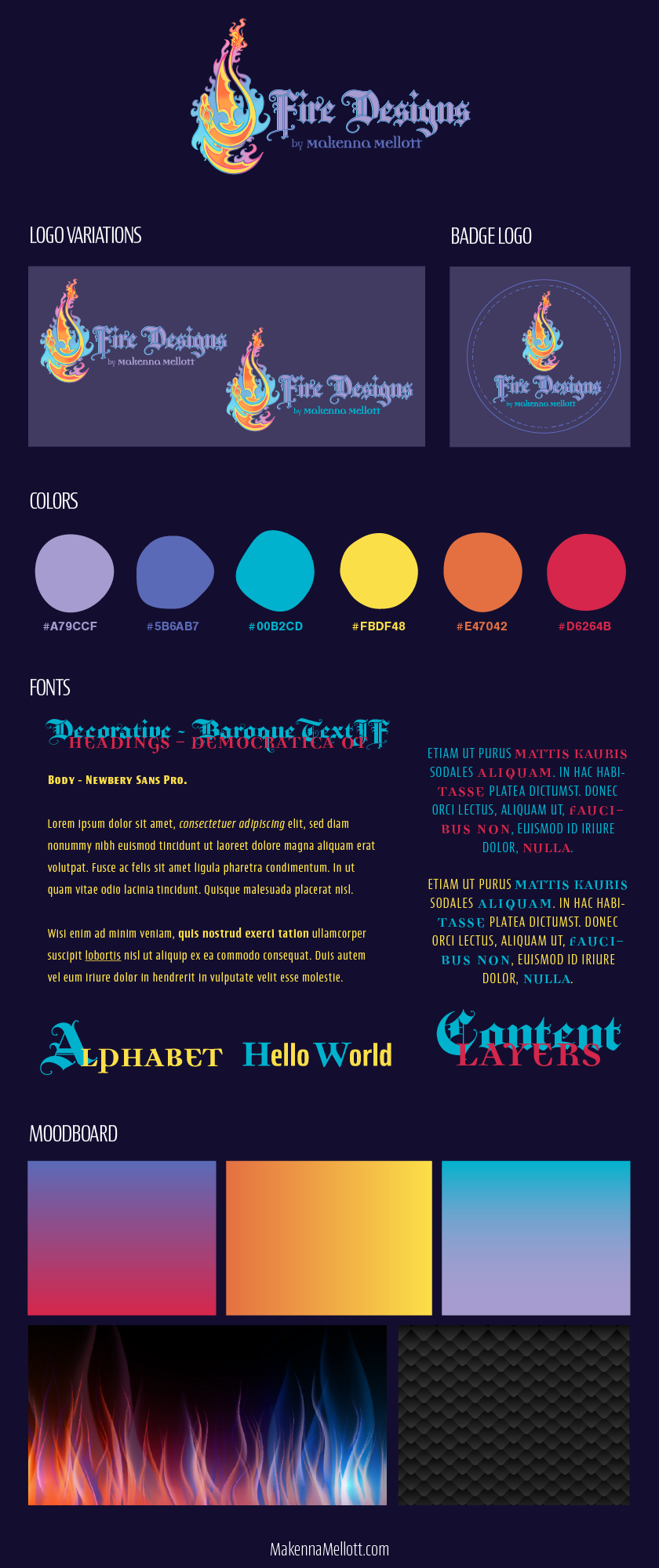 Dark theme Brand Mood Board for Fire Designs.