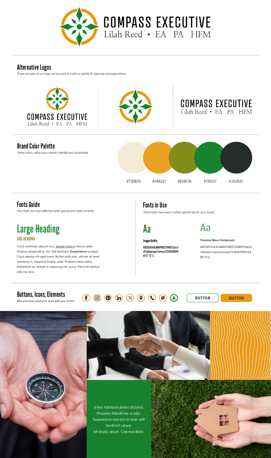 Brand Board for Compass Executive - showing the brands logos, fonts, colors, and mood board.