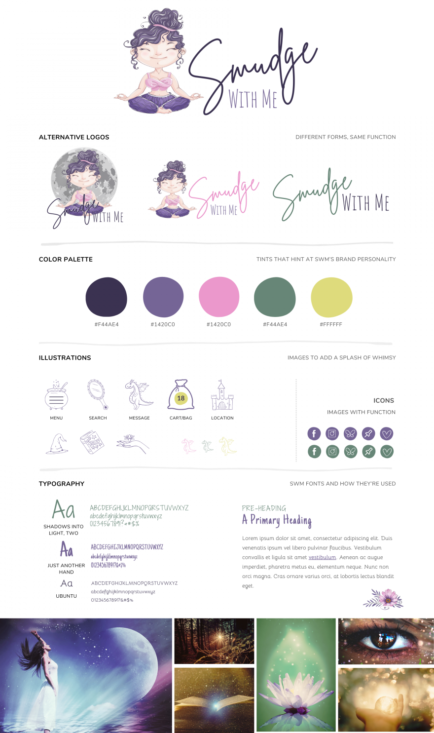 Brand Board for Smudge With Me™ - showing the brands logos, fonts, colors, and mood board.